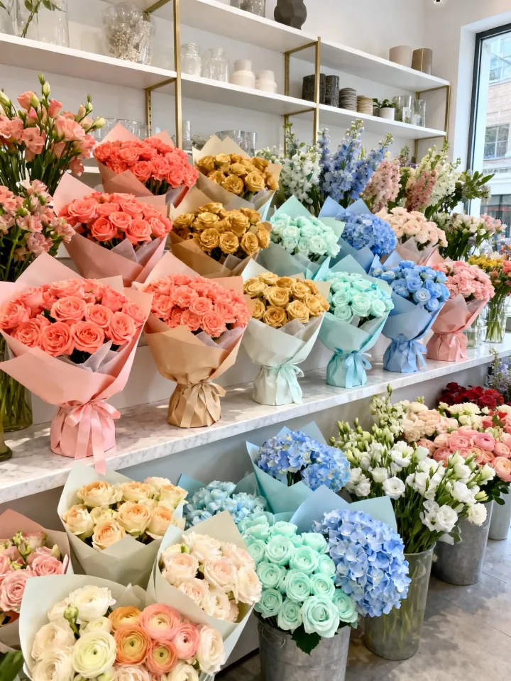 Florist übergibt Blumen an Kunden